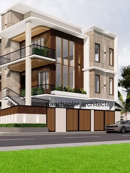 This perspective of the residential building design highlights the interplay of different materials and textures. The combination of wood paneling, stone, and white render creates a dynamic and modern exterior.