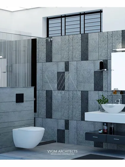 Another angle of the modern toilet design, showing the wall-mounted commode and floating vanity. These choices help to make the space feel larger and easier to clean.