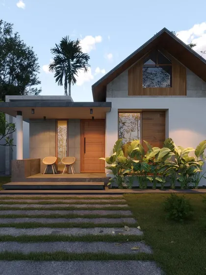 A charming and compact home that blends a traditional gabled roof with a modern, flat-roofed porch. The design is simple, elegant, and perfect for a small plot.