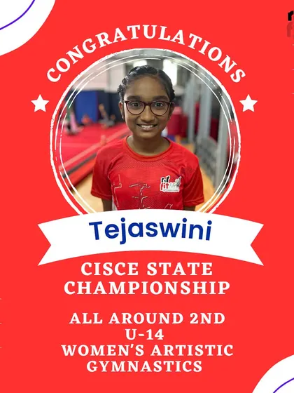 Tejaswini achieved an all-around 2nd place in Women's Artistic Gymnastics at the CISCE State Championship, earning her spot at the Nationals. We are so proud of her.