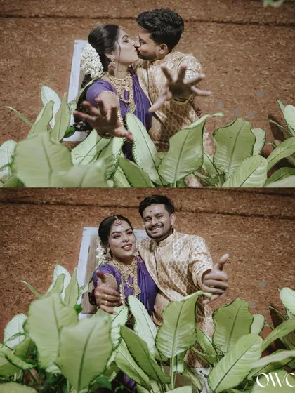 A fun and playful collage of a couple in traditional wear, sharing a kiss and a happy moment during their pre-wedding shoot.