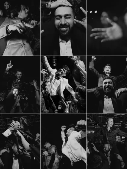 A collage of black and white photos from the Sangeet after-party. I capture the wild energy on the dance floor as everyone celebrates with the groom.