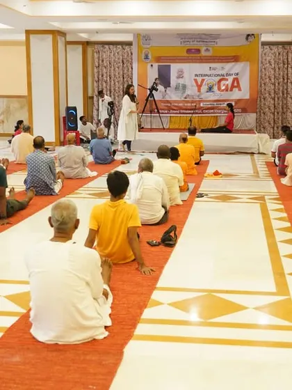 Participants practicing asanas during our International Day of Yoga event at the ISKCON Temple in Navi Mumbai.