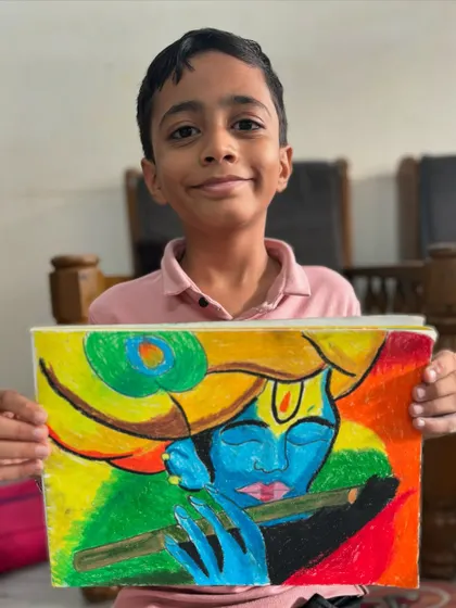 A student's beautiful oil pastel drawing of Lord Krishna playing the flute, capturing a moment of divine beauty and peace.