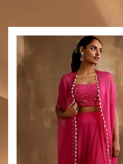 A pop of pink! This palazzo set with a sequined crop top and a lightweight cape edged with shells is a fun, trendy, and comfortable choice for any celebration.