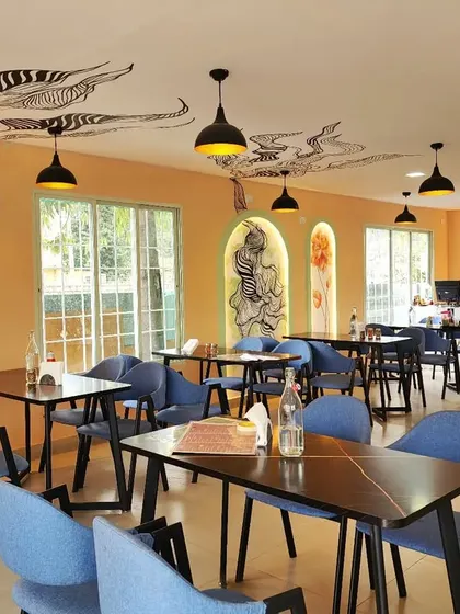 The beautiful interior of Essence Cafe in Kolar, where we painted abstract black line art that flows from alcoves up onto the ceiling.
