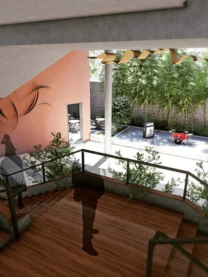 A view from the main staircase looking out into a semi-enclosed courtyard. This render demonstrates how we design circulation spaces not just as corridors, but as areas that connect the interior with light, air, and landscape elements.