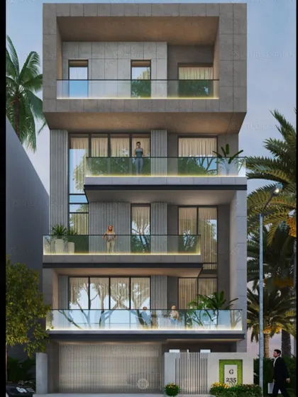 This modern elevation for a 200 sq. yard plot in Naraina Vihar features a clean, grid-like structure. The facade is composed of simple rectangular forms, large windows, and minimalist glass balconies.
