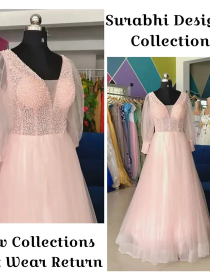 This elegant light pink gown is perfect for a reception or engagement party. It features a beaded bodice and sheer bishop sleeves for a touch of romance.