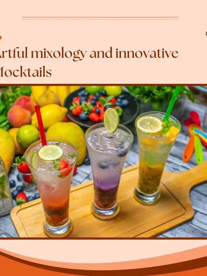 We specialize in artful mixology and innovative mocktails. This image displays a trio of colorful, refreshing mocktails, perfect for welcoming guests to any event.