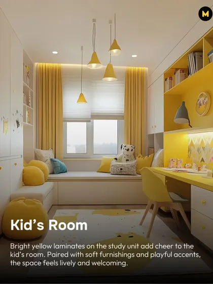 Bright yellow laminates on the study unit add cheer to this kid's room. Paired with soft furnishings and playful accents, the space feels lively and welcoming.