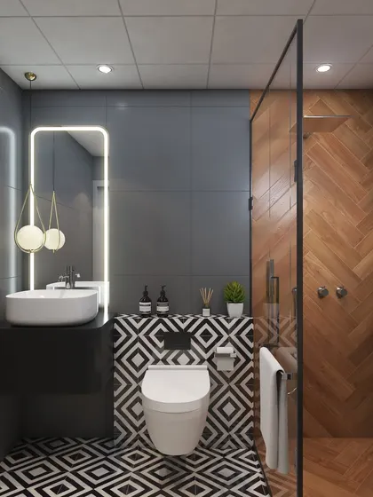 This design proves even small bathrooms can be luxurious. Here, I've used a mix of wooden-textured tiles in the shower, geometric floor tiles, and dark grey wall tiles for a striking impact.