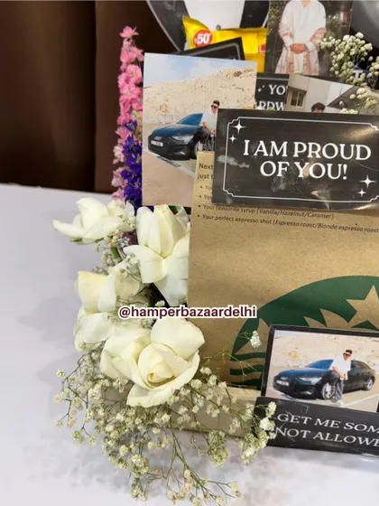 A close up of our Groom To Be Hamper. We love adding personal touches like photos and inside jokes to make the groom feel extra special before his big day.