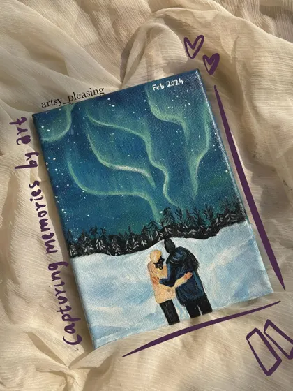 A custom painting capturing a couple watching the Northern Lights. I can turn your dream vacation photo into a beautiful acrylic painting.