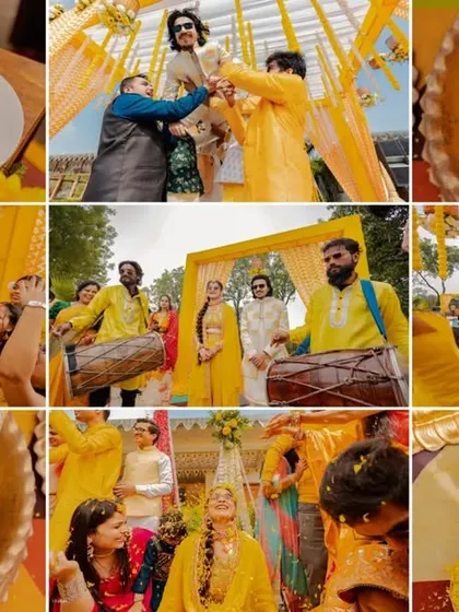 This collage tells the full story of Atul and Yashika's Haldi. It shows the groom's energetic dance, the bride's joyful moments, and the traditional rituals that make the day so special.