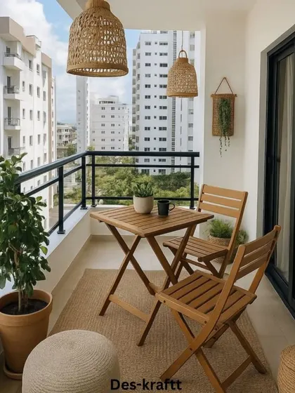 We believe in creating outdoor extensions of your home. This cozy balcony setup with natural wood furniture and wicker lighting is perfect for urban living.