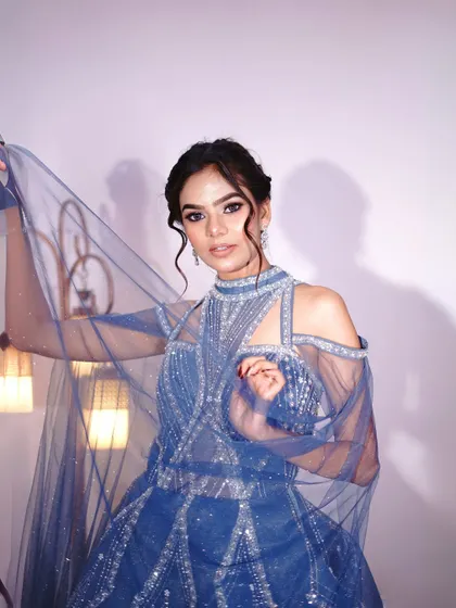 Cinderella vibes, but make it rentable! This close-up shows the beautiful neckline and cape detail.