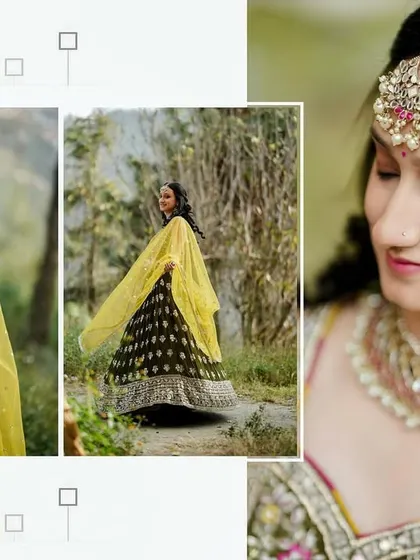 A collage of the bride at her Mehandi ceremony. The portraits are taken in a natural, outdoor setting, which complements her traditional attire.