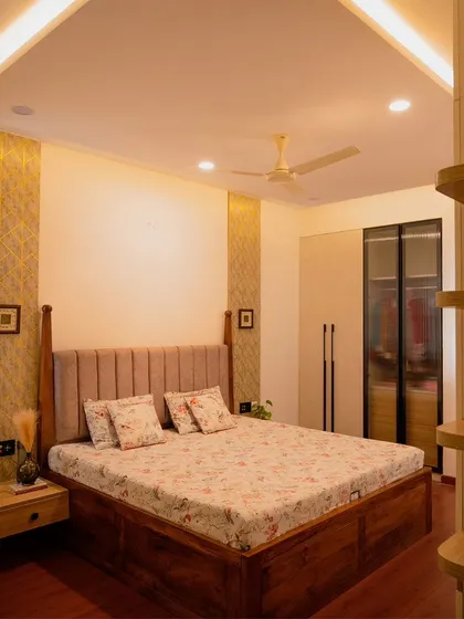 The same master bedroom from a different angle, showing the smart panel conveniently located by the bedside.