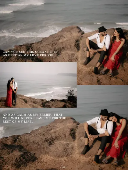 A poetic and romantic collage of Kunal and Meenakshi overlooking the ocean. The text overlay adds a layer of narrative, comparing the depth of the ocean to their love.