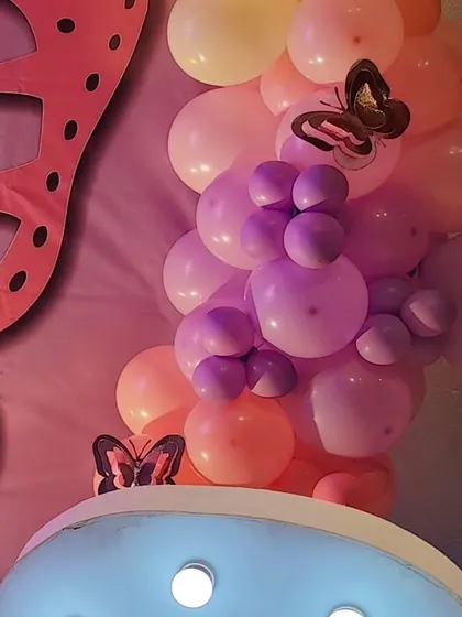 More details of the butterfly-themed balloon garland and the large marquee number.