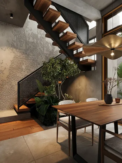 A closer view of the indoor planter and staircase, showing the textured wall with traditional Indian motifs.