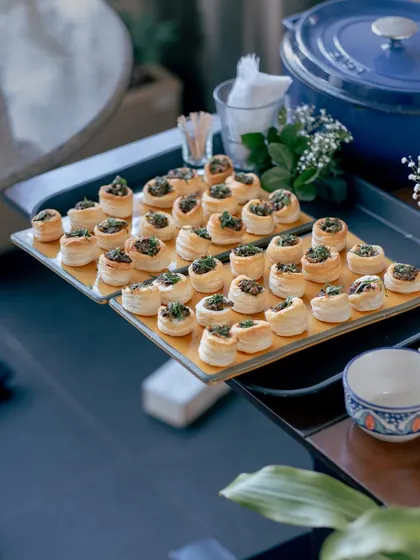 A tray of delicate vol-au-vents, showcasing the kind of elegant, bite-sized appetizers we can provide for your cocktail reception or corporate event.