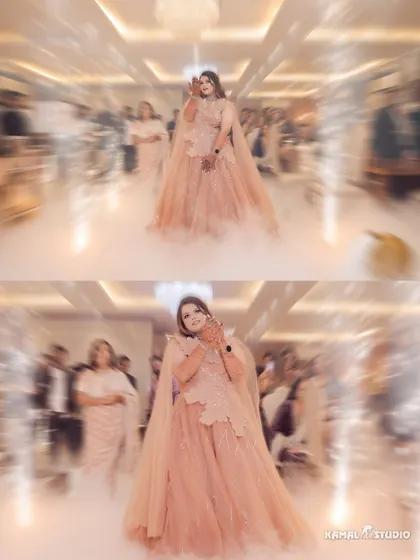 A dramatic bridal entry, walking through a cloud of smoke, creating a fairytale-like moment.