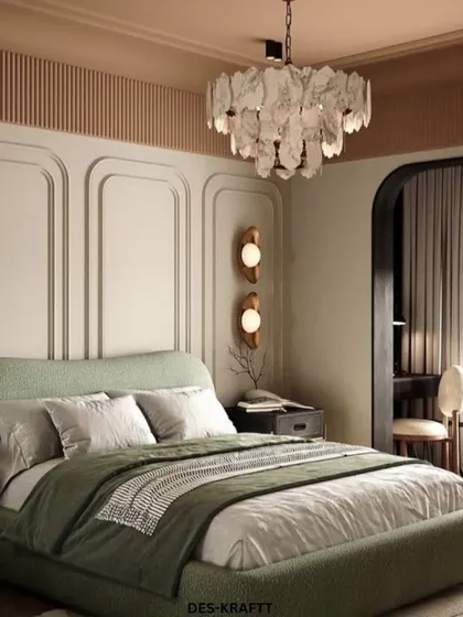 This perspective captures the bedroom's overall ambiance, from the unique chandelier to the cozy window seat, creating a perfect sanctuary for relaxation.