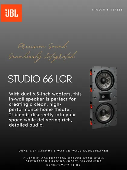 The JBL Studio 66 LCR features dual 6.5-inch woofers in an in-wall design perfect for a clean, high-performance home theater. It blends discreetly into your space while delivering rich, detailed audio.