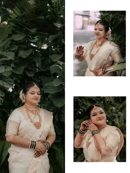 A collage celebrating the bride's beauty and joy. These shots capture her from different angles, showing her getting ready and enjoying her moments.