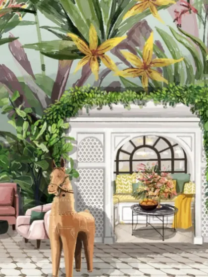 A look into our design process. These concept sketches show how we envision transforming a conventional ballroom into a charming space with an al fresco feel, complete with color options and detailed layouts.