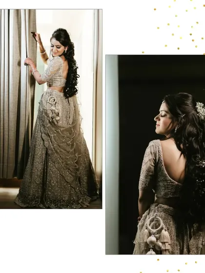 A collage showing the bride-to-be in her stunning engagement lehenga, capturing her elegance from different angles.