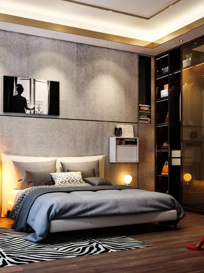 A duplicate of image 231, showcasing a moody and luxurious bedroom with a concrete-finish wall and a glass-front wardrobe.