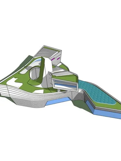 A 3d model of the concept, featuring multiple pools and extensive green roofs.