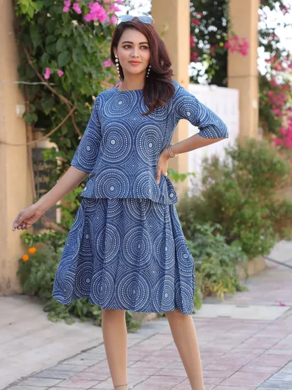The indigo circle print co-ord set, styled for a relaxed day outdoors.