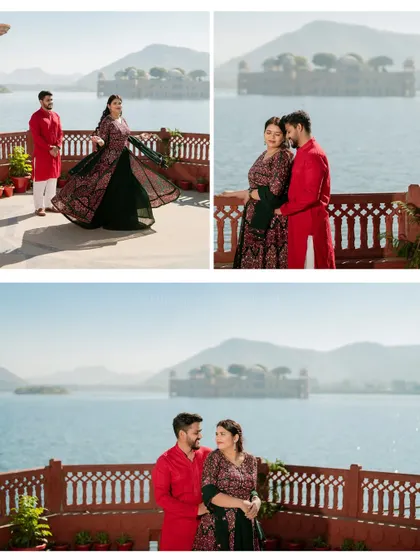 A vibrant shoot for Suyash and Somya at Jal Mahal, with their red and black outfits creating a striking contrast against the blue water and sky.