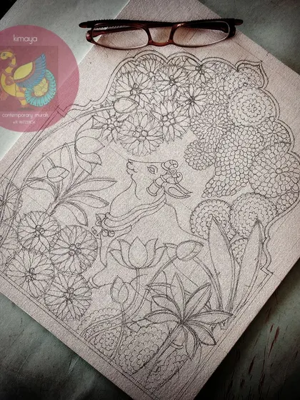 The detailed pencil sketch of the final Pichwai Cow painting. You can see the immense detail in the flowers and leaves that make up the lush background.