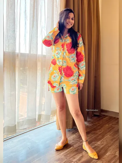 Beat the heat in style. Our chic shorts co-ord set in a vibrant yellow floral print is a summer must have, made from breathable pure muslin cotton.