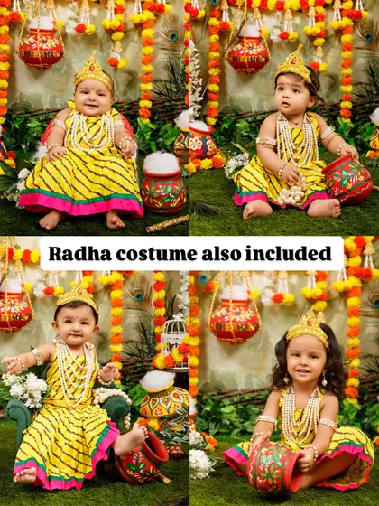 This graphic shows that the beautiful Radha costume is also included in the Janmashtami package.