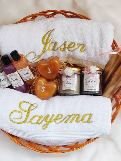Another one of my luxury spa hampers for a bride-to-be. This basket is packed with personalized towels, initial soaps, body washes, candles, and other treats to help her relax before the big day.