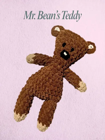 A custom-made plushie of Mr. Bean's Teddy. I used a super soft, fluffy yarn to give him that classic, well-loved look. It was so fun to recreate such an iconic character.