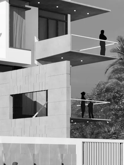 A detailed crop of an architectural render, focusing on the design of the cantilevered balconies and the human scale they provide.