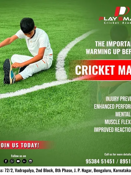 An infographic explaining the importance of warming up before a cricket match, covering injury prevention, performance, focus, and flexibility.