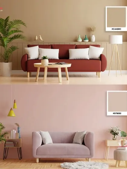 Two beautiful living room colour schemes. The top features a warm, earthy tone for a cozy feel, while the bottom uses a soft pink for a gentle and modern vibe.