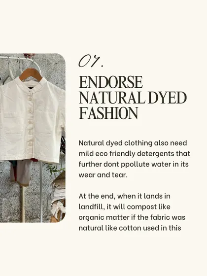 Endorsing natural-dyed fashion is a key step towards sustainability. This simple, elegant white shirt is made from organic cotton that will compost at the end of its life, returning to the earth.