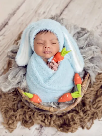An overhead shot of the baby bunny, sleeping soundly in a nest of soft fur. This is a perfect theme for any time of year.