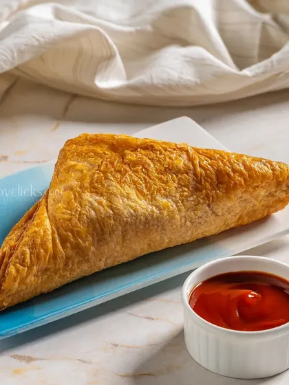 A flaky vegetable puff pastry, a classic Indian bakery snack, served with ketchup.