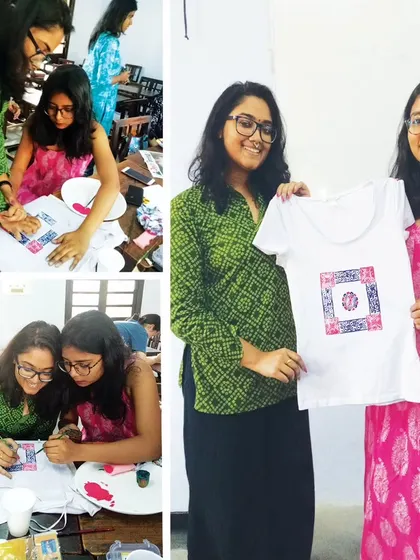 Students learning to block print directly onto a t-shirt. Our classes show you practical ways to apply your new skills to everyday items.
