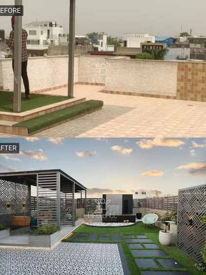 A partially built pergola on a bare terrace gets a full luxury upgrade. The final space features a modern pergola, a tranquil water feature with a Buddha statue, and multiple zones for relaxation.